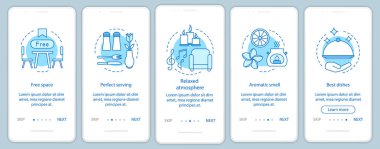 Yemek servisi onboarding mobil uygulaması sayfa filtresi vektör şablonu. Restoran dinlenme. Rezervasyon. Doğrusal Resimli Anlatım Web sitesi adımlar. UX, UI, GUI smartphone arabirimi kavramı