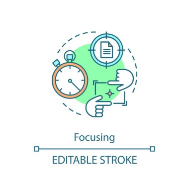 Kavram simgesi odaklanarak. Ana hedefi. Önemli olan görevi. Dikkat Merkezi nokta. Başarı nişan al. Akıllı hedef. Konsantrasyon fikir ince hat illüstrasyon. İzole anahat çizim vektör. Düzenlenebilir kontur