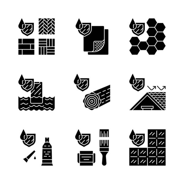Waterproofing glyph icons set