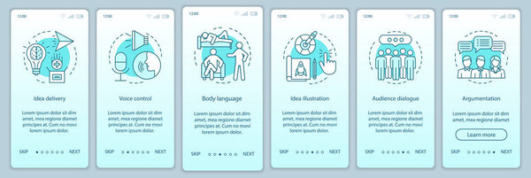 Public speaking skills onboarding mobile app page screen vector template. Voice control, body language, audience dialog. Walkthrough website steps with line icons. UX, UI, GUI smartphone interface
