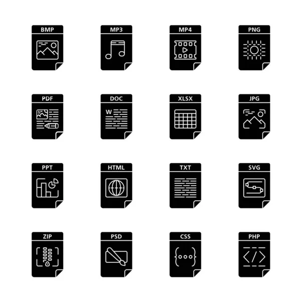 Bestanden opmaken glyph-set pictogrammen — Stockvector