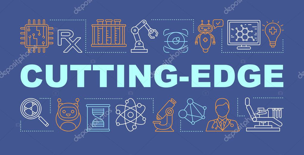 Cutting edge medicine word concepts banner. Medical robotics and technology. Genetic engineering. Presentation, website. Isolated lettering typography idea with icons. Vector outline illustration