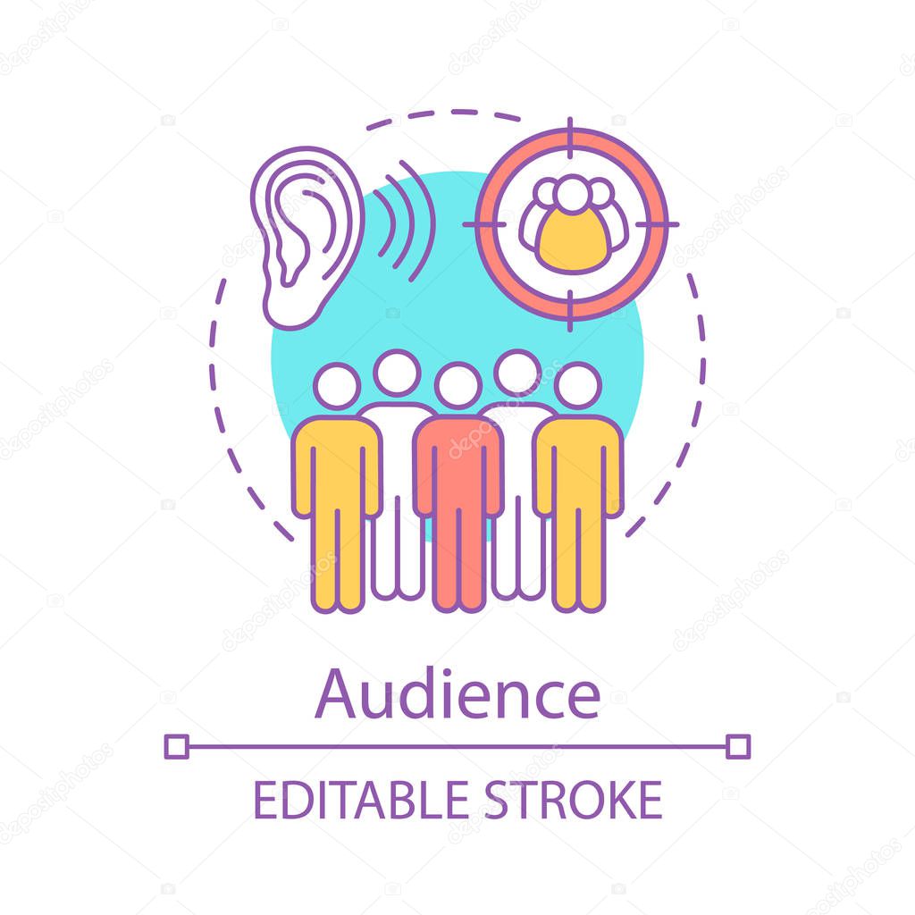 Audience concept icon. Listening. Group of people. Target audience. Community, society. Public speaking idea thin line illustration. Communication skills. Vector isolated drawing. Editable stroke