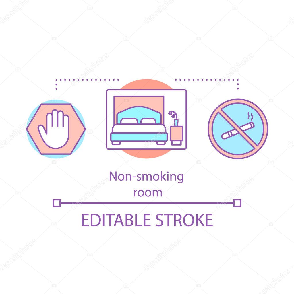 Non-smoking room concept icon. Hotel room amenity. Smoke free property. Double bed, no cigarette space. Smoking bans, prohibition idea thin line illustration. Vector isolated drawing. Editable stroke
