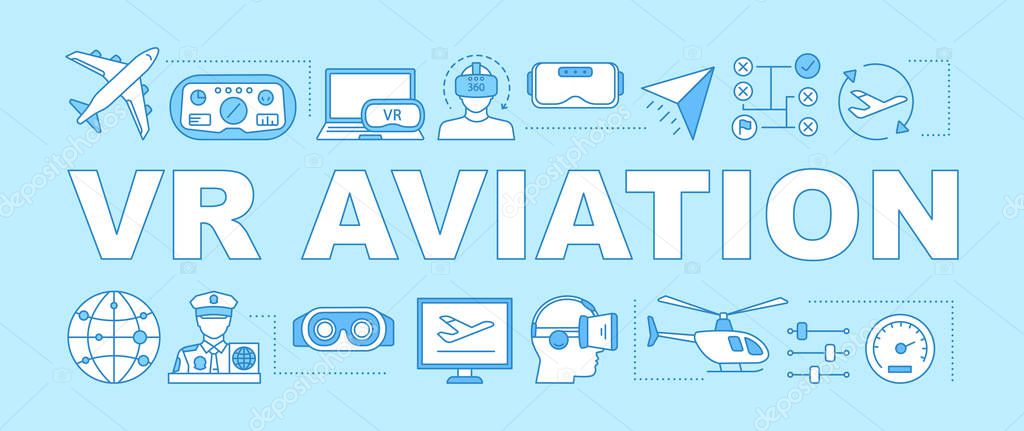 VR aviation word concepts banner. Flight simulator. VR pilot training. Virtual reality applies. Presentation, website. Isolated lettering typography idea with linear icons. Vector outline illustration
