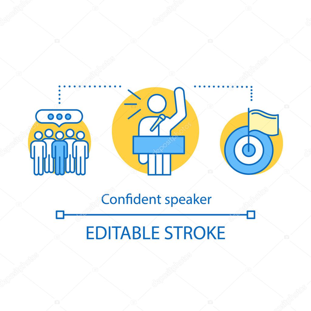 Confident speaker concept icon. Leader speech tips. Politician. Leadership skills. Meeting, protest. Public speaking idea thin line illustration. Orator. Vector isolated outline drawing. Editable stroke
