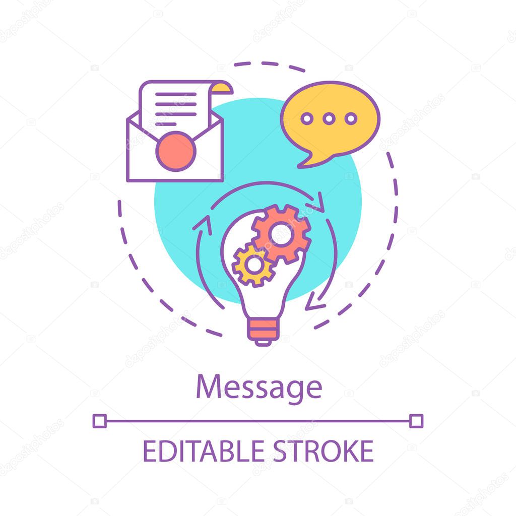 Message concept icon. Project idea generation thin line illustration. Innovation, creativity. Solutions. Light bulb with cogwheels. Vector isolated outline drawing. Editable stroke