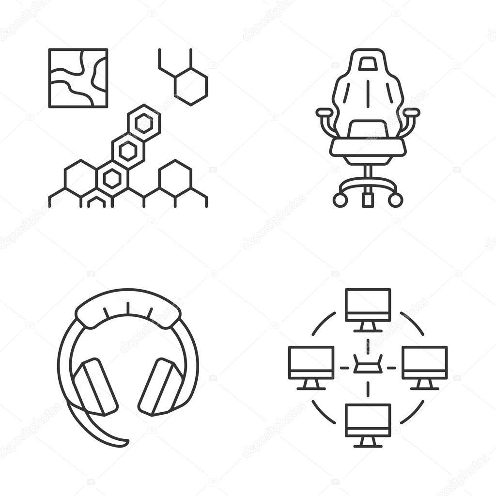 Esports linear icons set. Real-time strategy game. Local area network. Gaming devices. Thin line contour symbols. Isolated vector outline illustrations. Editable stroke