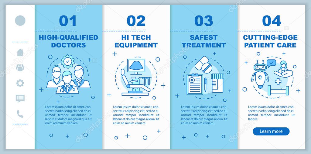 Medical service advances, benefits onboarding mobile web pages vector template