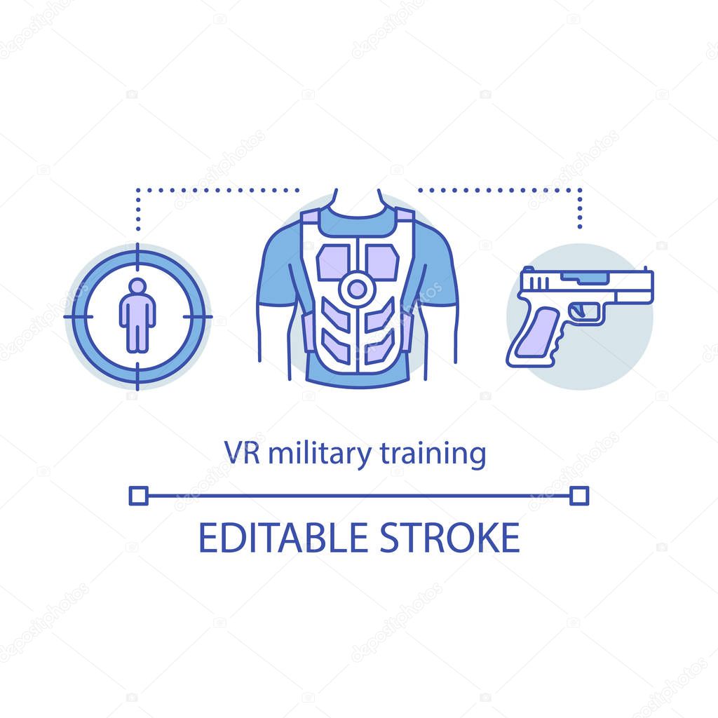 VR military training concept icon. Battlefield simulations.  Virtual reality equipment. VR soldier practice. Flight simulator idea thin line icons. Vector isolated outline drawing. Editable stroke