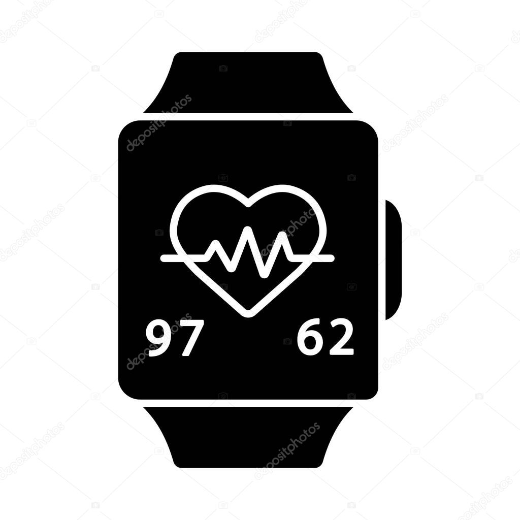 Fitness bracelet glyph icon. Pedometer with cardio activity indicator. Heart rate and pulse meter. Heartbeat cardio tracker. Smart band. Silhouette symbol. Negative space. Vector isolated illustration