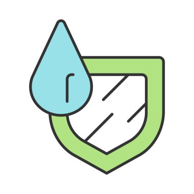 Su yalıtımı işareti renk simgesi. Su direnci. Hidrofobik, Anti-ıslatma teknolojisi. Su koruma günü. Sıvı damlası ile kalkan. Hava koşullarına dayanıklı malzeme, ıslak, yüzey. İzole vektör illüstrasyon