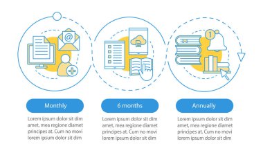Sanal kitaplık abonelik vektör Infographic şablonu. Online eğitim. E-kütüphane tarife planları. Üç adım ve seçeneğe sahip veri görselleştirme. İşlem zaman çizelgesi grafiği. Simgelerle iş akışı düzeni
