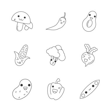 Sebzeler sevimli Kawaii doğrusal karakterler. Mutlu avokado ve bezelye. Gülümseyen patates ve pancar. İnce çizgi simgesi seti. Vektör izole anahat çizim. Düzenlenebilir kontur