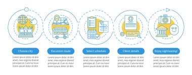 Gezi vektör İnfografik şablonu. Şehir rota etkinliği. Turizm, gösteri yeri. İş sunumu tasarım elemanları. Beş basamakla veri görselleştirme, Seçenekler. İşlem zaman çizelgesi grafiği. İş akışı düzeni