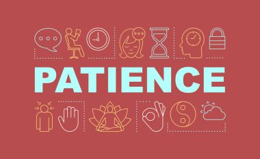 Sabır kelime kavramlar Banner. Yoga, meditasyon. Mindfulness. Sunum, Web sitesi. Doğrusal simgeler ile yalıtılmış yazı tipografi fikir. Sorun tolerans kapasitesi. Vektör anahat çizim
