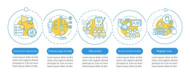 Gönüllülük vektör İnfografik şablonu. İnsani yardım. Gönüllü program. İş sunumu tasarımı. Beş adım ve seçeneğe sahip veri görselleştirme. İşlem zaman çizelgesi grafiği. İş akışı düzeni