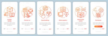 Video üretim onboarding mobil uygulama sayfası ekran vektör şablonu. Film yapma süreci. Film endüstrisi. Doğrusal çizimler ile izlenecek yol Web sitesi adımları. UX, ui, Gui akıllı telefon arayüzü kavramı