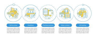 Dijital pazarlama vektör Infographic şablonu. SMM terfi. İş sunumu tasarım elemanları. Adımlar, seçenekler ile veri görselleştirme. İşlem zaman çizelgesi grafiği. Doğrusal simgelerle iş akışı düzeni