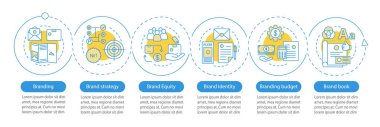 Marka vektör İnfografik şablonu. Marka stratejisi. İş sunumu tasarım elemanları. Altı adım ve seçeneğe sahip veri görselleştirme. İşlem zaman çizelgesi grafiği. Doğrusal simgelerle iş akışı düzeni