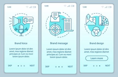 Mobil uygulama sayfası ekran vektör şablonu onboarding markalar elemanları. Marka sesi, mesaj ve tasarım. Doğrusal çizimler ile izlenecek yol Web sitesi adımları. UX, ui, Gui akıllı telefon arayüzü kavramı