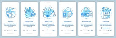 Marka onboarding mobil uygulama sayfası ekran vektör şablonu. Walkthrough Web sitesi adımları, doğrusal illüstrasyonlar. Marka kitabı gelişimi. Marka stratejisi, eşitlik. UX, ui, Gui akıllı telefon arayüzü kavramı