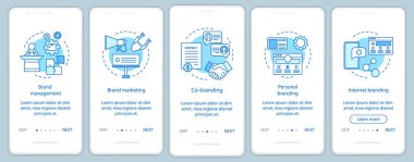 Mobil uygulama sayfası ekran vektör şablonu onboarding marka türleri. Kişisel, internet markası, ortak marka. Walkthrough Web sitesi adımları, doğrusal illüstrasyonlar. UX, ui, Gui akıllı telefon arayüzü kavramı