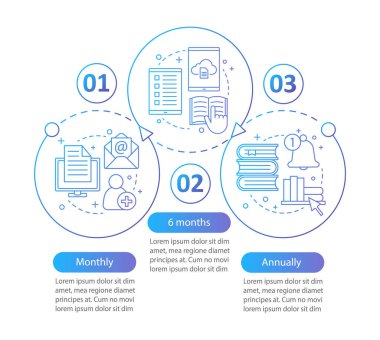 Sanal kitaplık abonelik vektör Infographic şablonu. Online eğitim. E-kütüphane tarife planları. Üç adım ve seçeneğe sahip veri görselleştirme. İşlem zaman çizelgesi grafiği. Simgelerle iş akışı düzeni