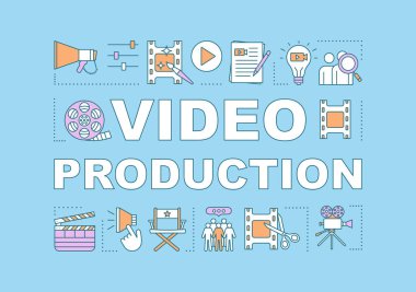 Video üretim kelime kavramlar Banner. Film yapma süreci. Film yapma. Sinematografi. Sunum, Web sitesi. Doğrusal simgeler ile yalıtılmış yazı tipografi fikir. Vektör anahat çizim