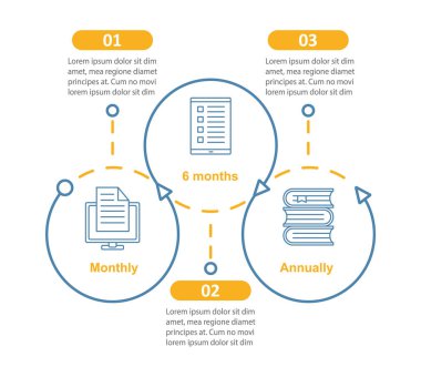 Sanal kitaplık abonelik vektör Infographic şablonu. Online eğitim. E-kütüphane tarife planları. Üç adım ve seçeneğe sahip veri görselleştirme. İşlem zaman çizelgesi grafiği. Simgelerle iş akışı düzeni