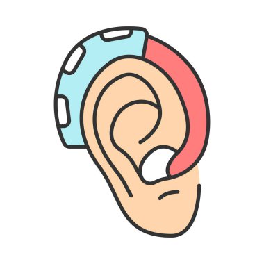 İşitme cihazı amplifikatör renk simgesi. Akustik ses arttırıcı. İşitme kaybı terapisi. Amplifikasyon, yardımcı dinleme tıbbi cihaz. Endaural ses iletim ekipmanları. İzole vektör illüstrasyon