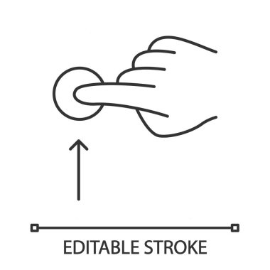 Dikey kaydırma hareketi doğrusal simgesi. Dokunmatik ekran. İnsan eli ve parmakları. Duyusal cihazları kullanarak. İnce çizgi çizimi. Kontur sembolü. Vektör izole anahat çizimi. Düzenlenebilir kontur