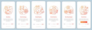 Marka onboarding mobil uygulama sayfası ekran, doğrusal kavramlar. Marka kitabı gelişimi. Altı Walkthrough adımları grafik yönergeleri. Marka stratejisi, eşitlik. UX, ui, çizimler ile gui vector şablonu