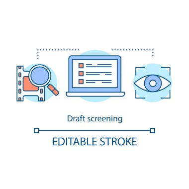 Film taslak tarama kavramı simgesi. Video önizleme fikir ince çizgi illüstrasyon. Film prömiyeri. Video sürümü. Özel film taraması. Teaser, römork. Vektör izole anahat çizimi. Düzenlenebilir kontur