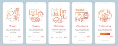 Sanal gerçeklik uygulamaları kavramları ile mobil uygulama sayfası ekranında onboarding. VR üretim, havacılık, askeri, cerrahi Walkthrough adımlar grafik talimatları. UX, ui, GUI vektörel şablon simgeleri ile