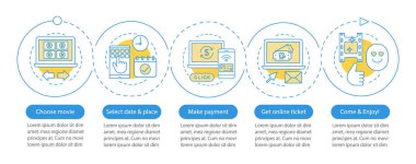 Sinema vektör İnfografik şablonu. Film bileti rezervasyonu. Film prömiyeri. İş sunumu tasarım elemanları. Beş adım ve seçeneğe sahip veri görselleştirme. İşlem zaman çizelgesi grafiği. İş akışı düzeni