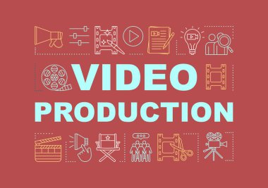 Video üretim kelime kavramlar Banner. Film yapma süreci. Film yapma. Sinematografi. Sunum, Web sitesi. Doğrusal simgeler ile yalıtılmış yazı tipografi fikir. Vektör anahat çizim