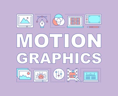 Hareket grafik kelime kavramlar Banner. Görsel efektler. Animasyon. Video düzenleme hizmetleri. Sunum, Web sitesi. Doğrusal simgeler ile yalıtılmış yazı tipografi fikir. Vektör anahat çizim