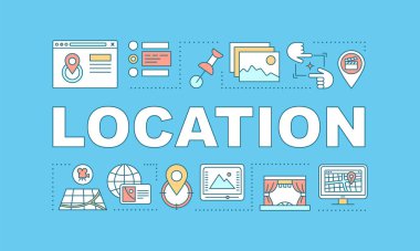 Konum kelime kavramları Banner. Film yeri keşif. Video üretim stüdyosu arıyor. Sunum, Web sitesi. Doğrusal simgeler ile yalıtılmış yazı tipografi fikir. Vektör anahat çizim