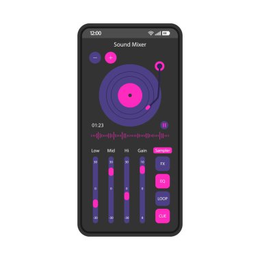 Ses karıştırıcı uygulaması akıllı telefon arayüzü vektör şablonu. Mobil sayfa siyah tasarım düzeni. Ses Equalizer. Ses kaydedici. Dj müzik karıştırıcı ekran. Uygulama için düz UI. Hacim turntable. Telefon ekranı