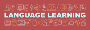 Dil öğrenme kelime kavramları Banner. Dilbilgisi, konuşma, iletişim becerileri. İzole yazı tipografi. Yabancı dil online okul. Kendi kendine eğitim. Vektör anahat çizim