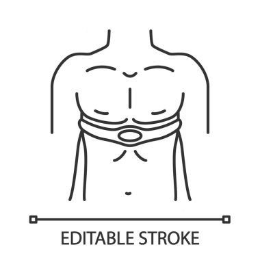 Elektrik kas Stimülatörü doğrusal simge. Kalp atışı, nabız monitörü. Mimostimülasyon. Kas Toner kemeri. İnce çizgi çizimi. Kontur sembolü. Vektör izole anahat çizimi. Düzenlenebilir kontur
