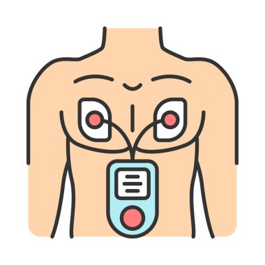Elektrik kas Stimülatörü renk simgesi. Göğüs kasları büyüme cihazı. Miyostimülasyon ekipmanları. Ems. Transutanöz elektrik sinir stimülasyon. Fizyoterapi. İzole vektör illüstrasyon
