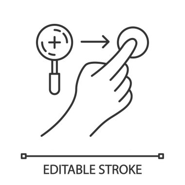 Yatay jest doğrusal simgesini yakınlaştırma. Dokunmatik ekran. İnsan eli ve parmakları. Duyusal cihazları kullanarak. İnce çizgi çizimi. Kontur sembolü. Vektör izole anahat çizimi. Düzenlenebilir kontur