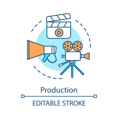 Video üretim kavramı simgesi. Film yapma fikri ince çizgi illüstrasyon. Sinematografi. Film üretim endüstrisi. Sinema, TV şovu çekimi. Filme. Vektör izole anahat çizimi. Düzenlenebilir kontur