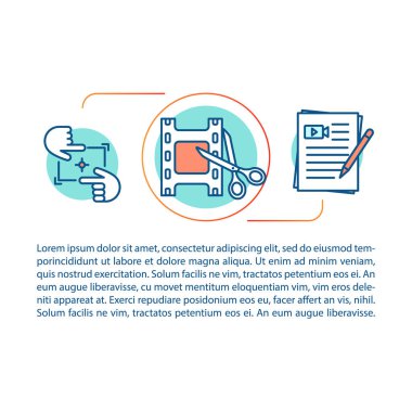 Video üretim makalesi sayfa vektör şablonu. Film düzenleme, yönetmenlik. Broşür, dergi, doğrusal simgeler ve metin kutuları ile kitapçık tasarım elemanı. Baskı tasarımı. Metin alanı ile konsept illüstrasyonları