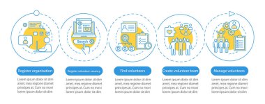 Gönüllüler vektör İnfografik şablonu bulma. İnsani yardım. İş sunumu tasarım elemanları. Beş adım ve seçeneğe sahip veri görselleştirme. İşlem zaman çizelgesi grafiği. İş akışı düzeni