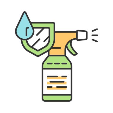 Su geçirmez sprey şişesi renk simgesi. Suya dayanıklı aerosol. Giysiler, Ayakkabı koruması. Kumaş koruyucusu. Tekstil dayanıklı su itici sprey. DWR. Anti-ıslatma teknolojisi. İzole vektör illüstrasyon