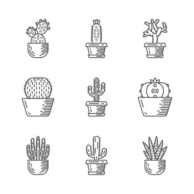 Cactuses in pots linear icons set. Mexican tropical flora. Succulents. Spiny plants. Cacti garden collection. Thin line contour symbols. Isolated vector outline illustrations. Editable stroke clipart