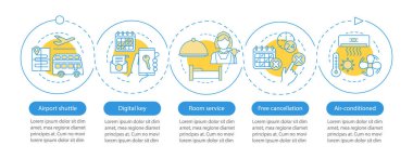 Otel Hizmetleri vektör İnfografik şablonu. Havaalanı Servisi, ücretsiz iptal. İş sunumu tasarımı. Beş adım ve seçeneğe sahip veri görselleştirme. İşlem zaman çizelgesi grafiği. İş akışı düzeni